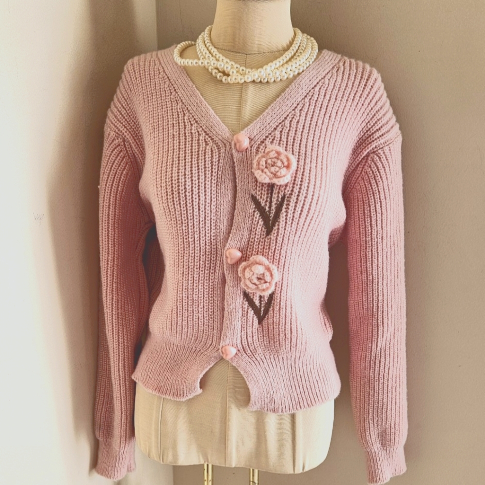JIANHU ASIAN STYLE PINK FLORAL HEART SWEATER